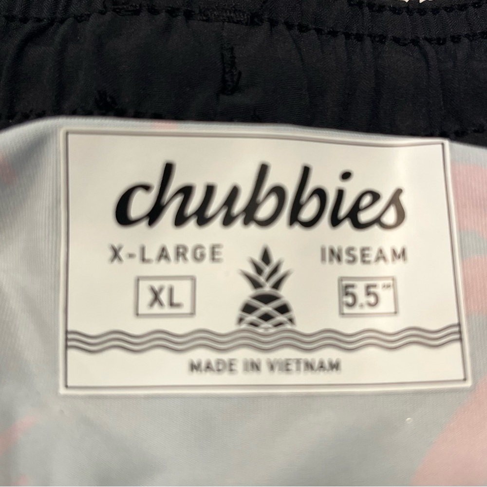 Chubbies XL Swim Black Shorts with Palm Tree Print. Liner is Aqua w/Pink Palms